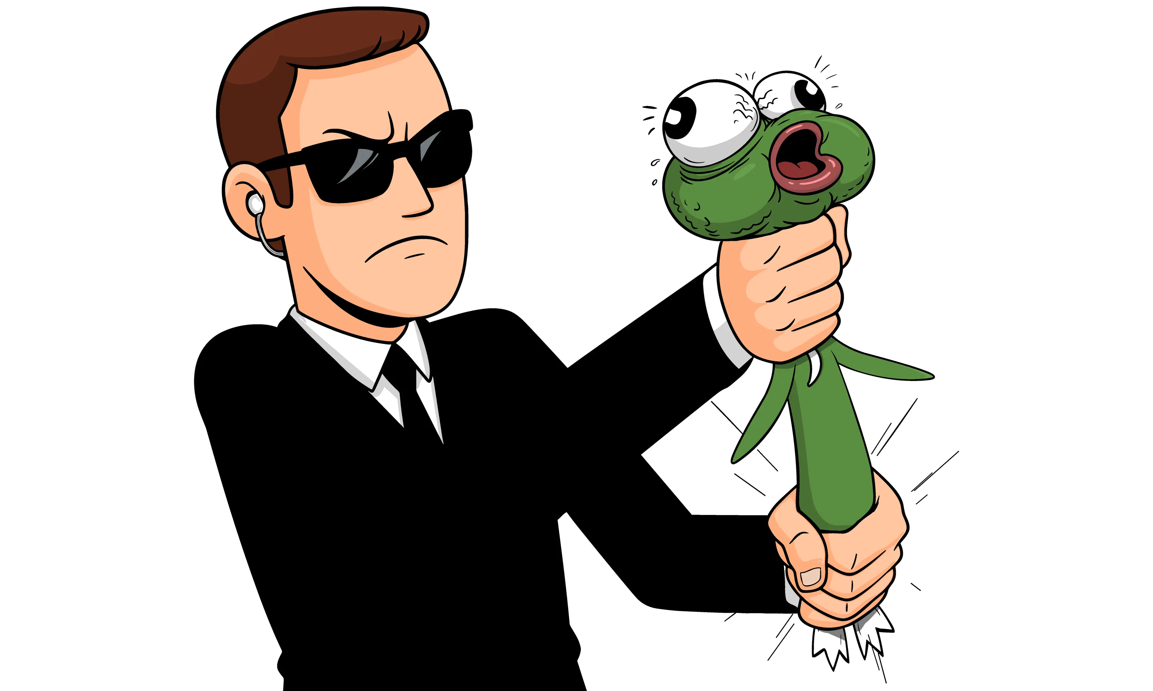 A man in a black suit and sunglasses holding a startled WASSIE by the head
