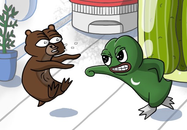 A WASSIE facing off with a brown bear in a shop aisle
