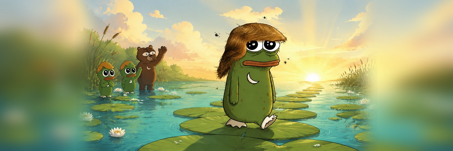 Wastacio walking across lily pads toward a sunrise while other WASSIEs and a brown bear cheer him on from behind.