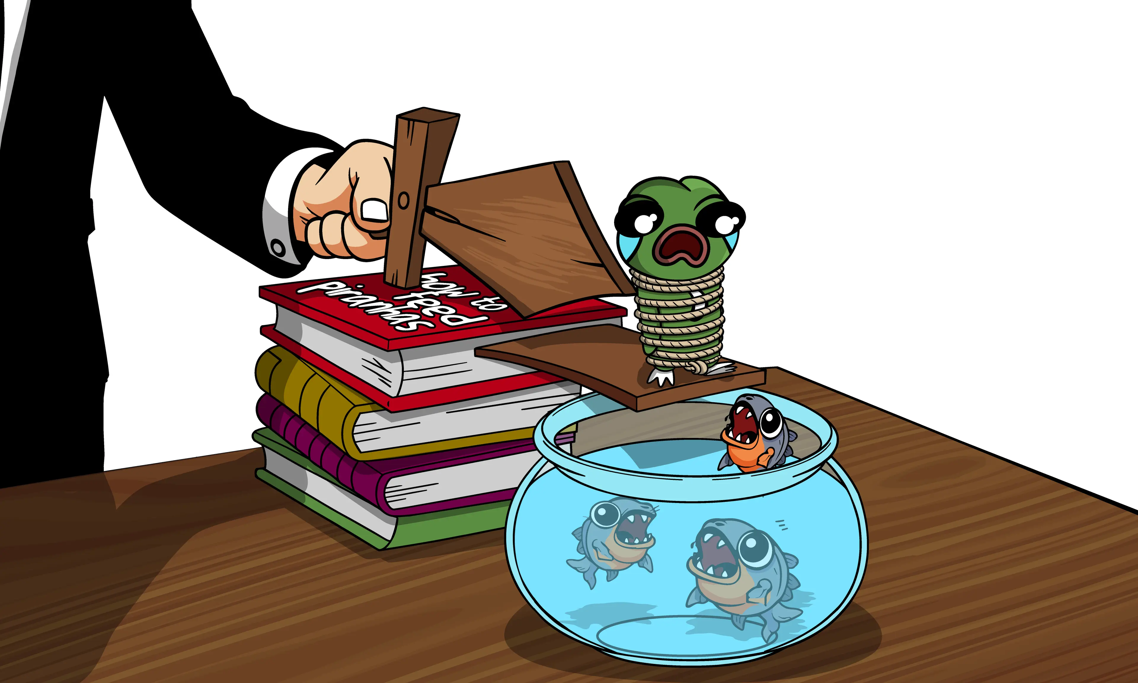A tied-up WASSIE on a plank above a fishbowl of piranhas
