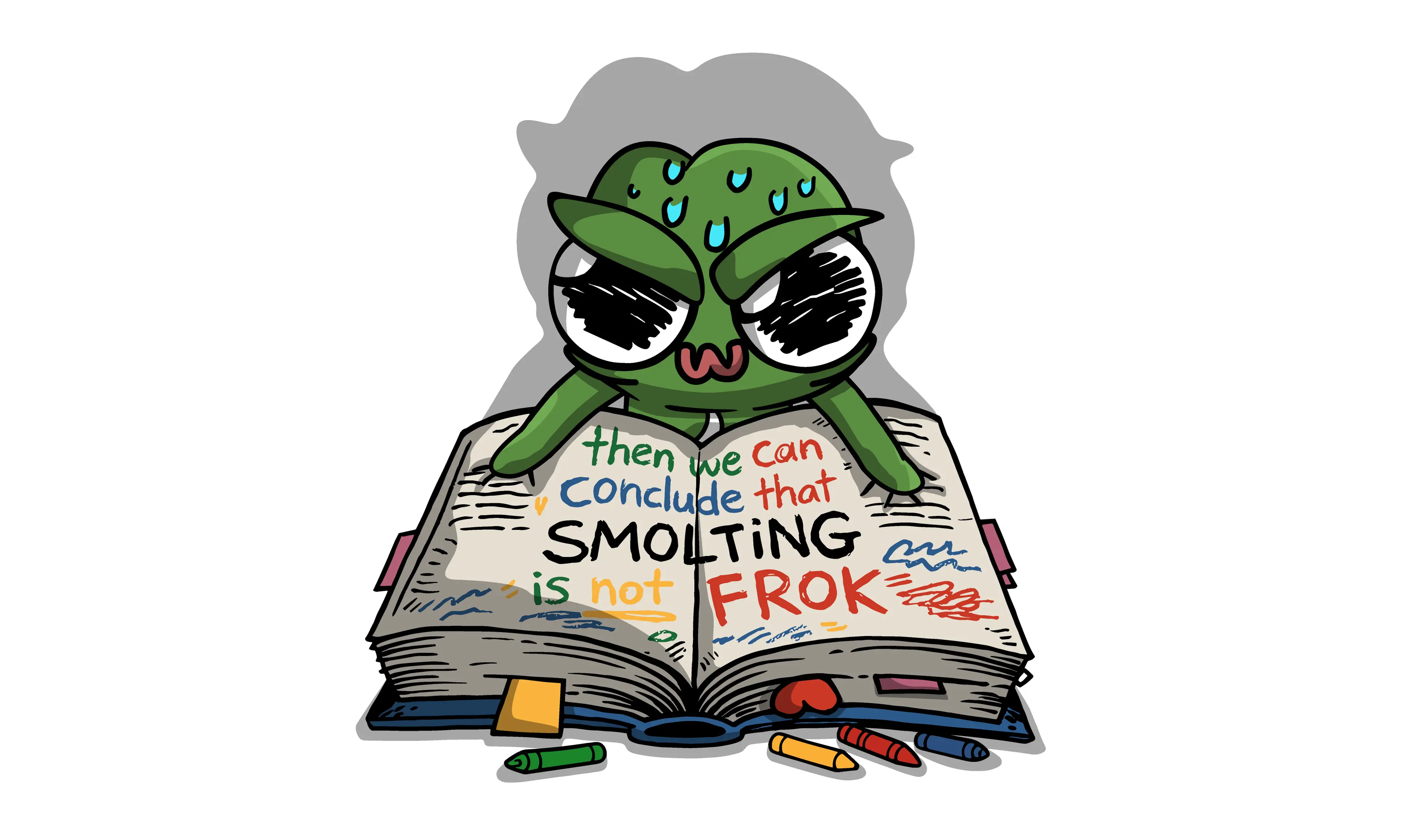 A sweating WASSIE reading a giant book that concludes smolting is not frok